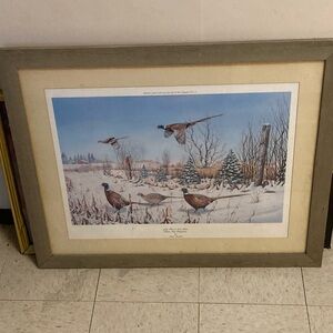 Framed Winter Landscape Art with Pheasants